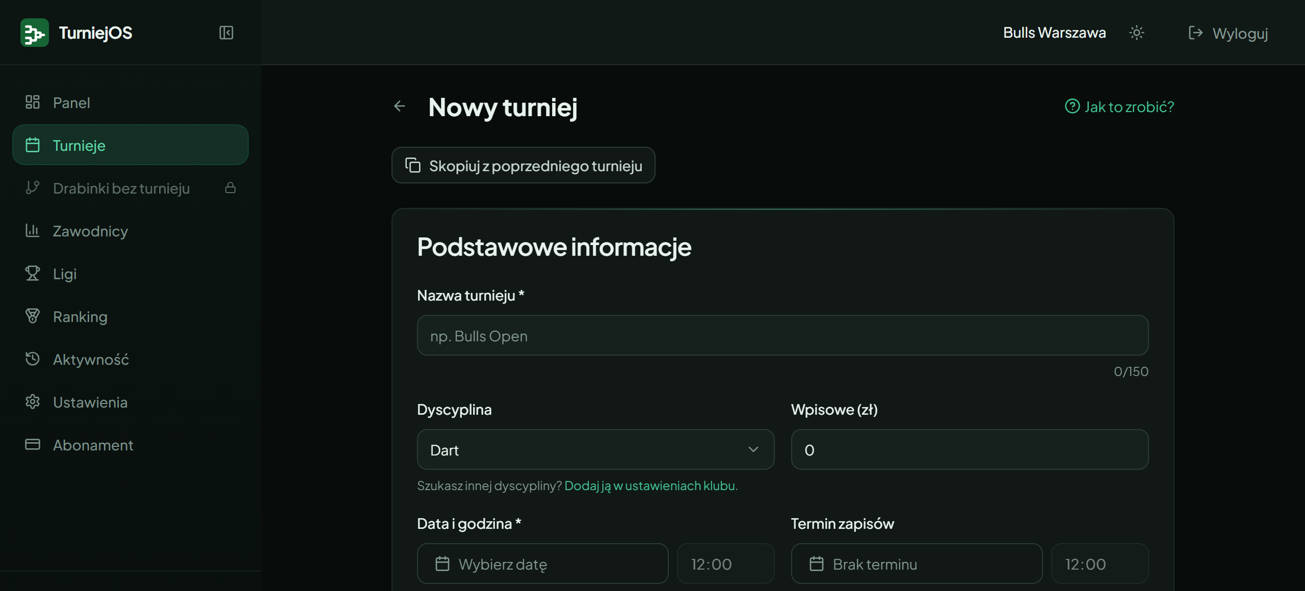 Formularz tworzenia nowego turnieju — nazwa, data, dyscyplina