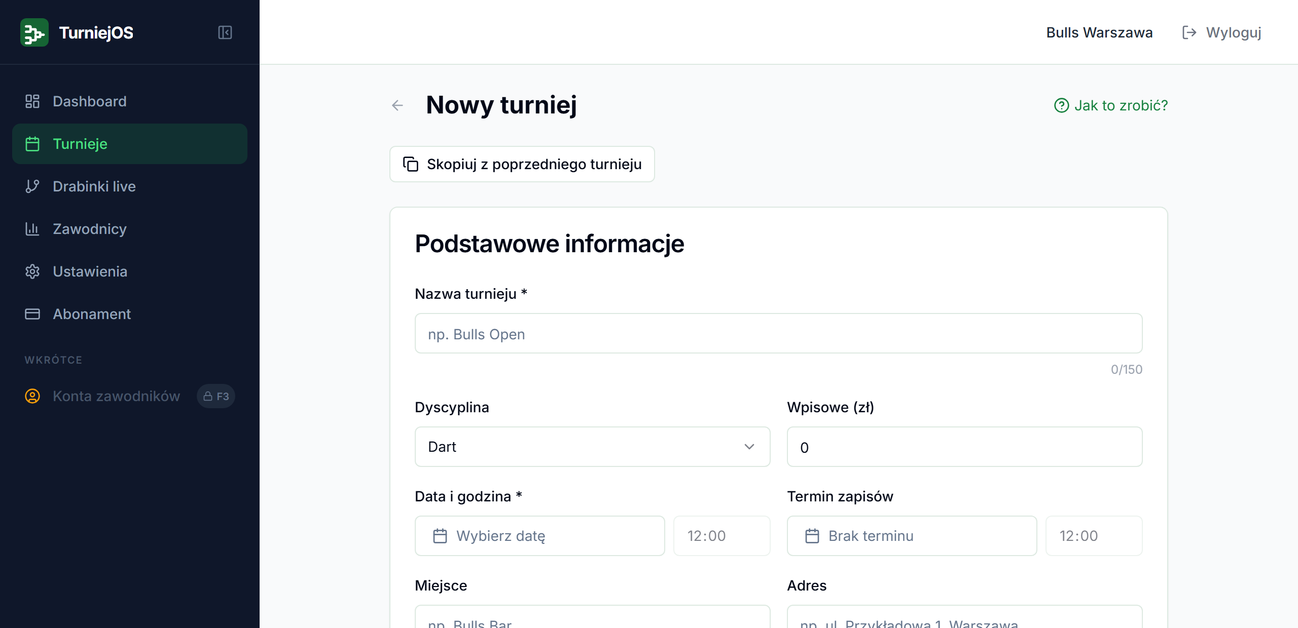 Formularz tworzenia nowego turnieju — nazwa, data, dyscyplina