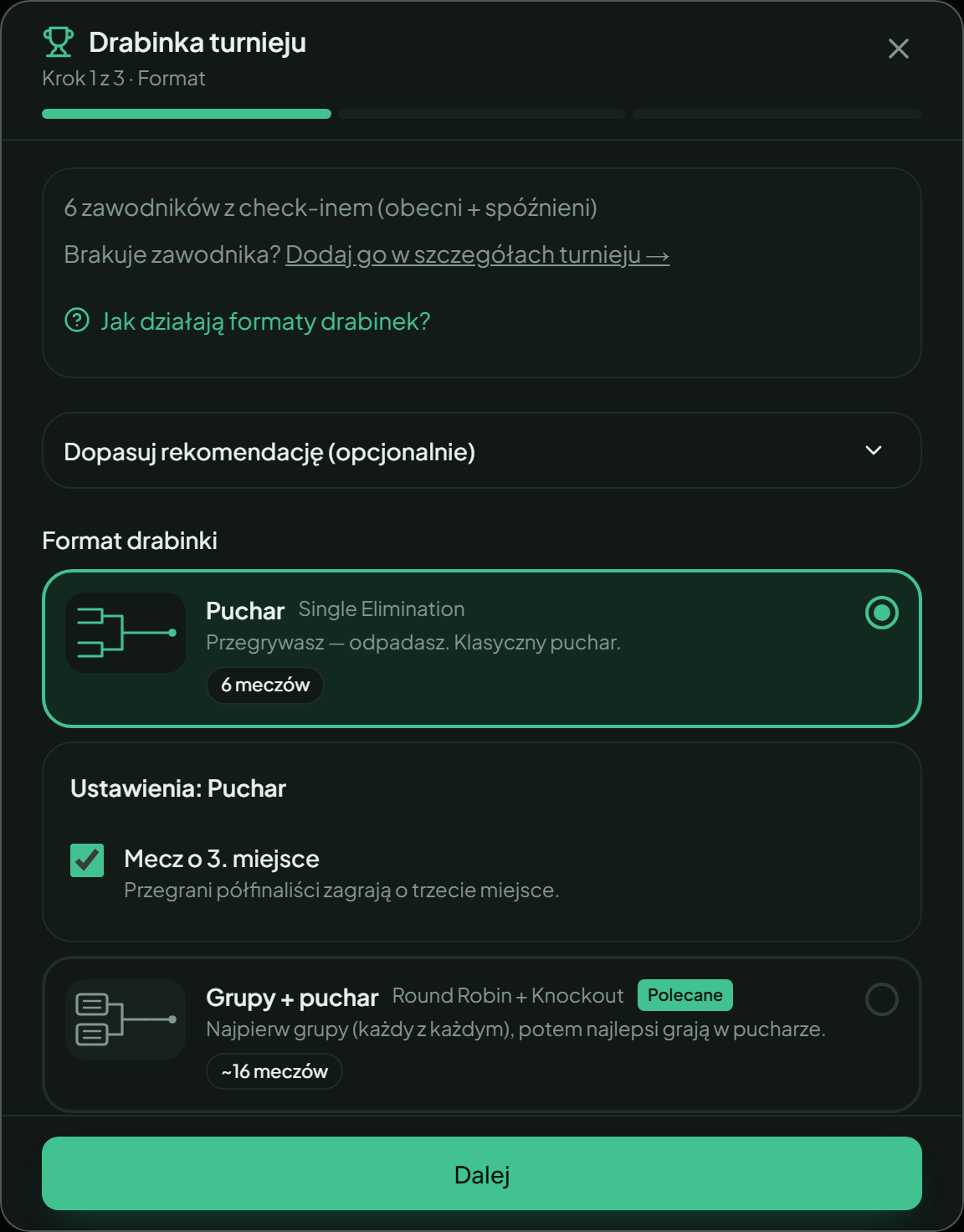 Kreator drabinki — krok wyboru formatu: kafelki Puchar, Grupy + puchar, System szwajcarski i Podwójna eliminacja z liczbą meczów i plakietką „Polecane”